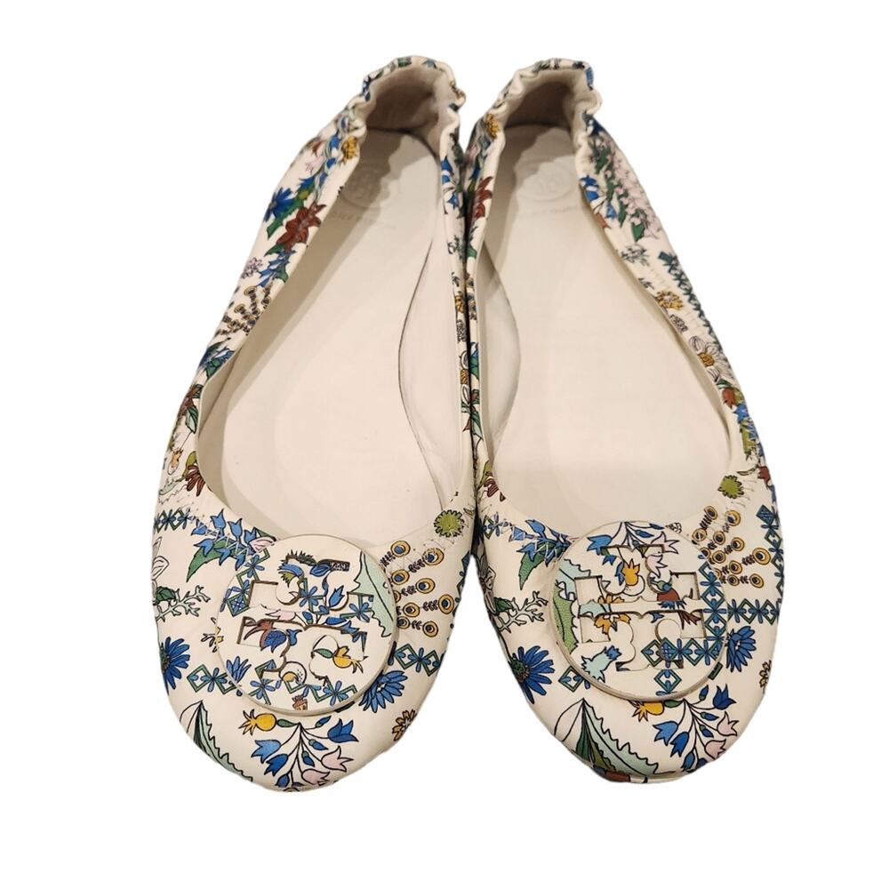 Tory Burch Minnie Ivory Meadow Folly floral leather ballet flats size 8.5 - Picture 2 of 9